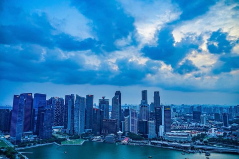 Group of buildings visible from the Marina Bay Sands Lookout. Shooting Location: Singapore