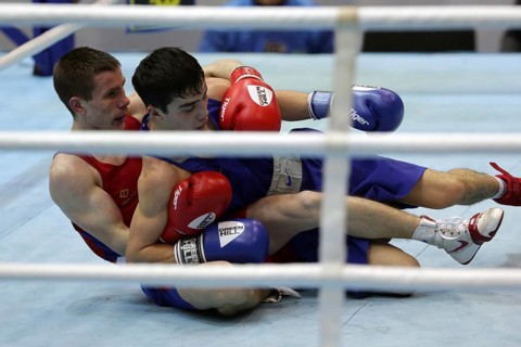 Sofia, Bulgaria - 26 February, 2021: Dorin Bucsa (red) of Moldova and Biibars Zheksen of Kazakhstan