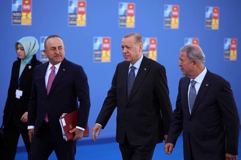 Spain, Madrid - 30 June, 2022: Turkish President Recep Tayyip Erdogan (C) and Turkish Foreign