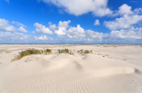 Sand dunes and blue sky at coast, Holland