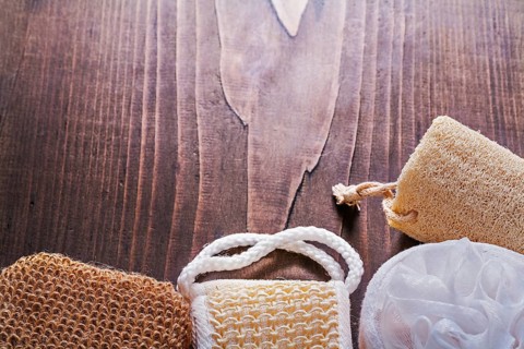 Classical bathroom wisps on vintage wooden board with copypace horizontal vercion