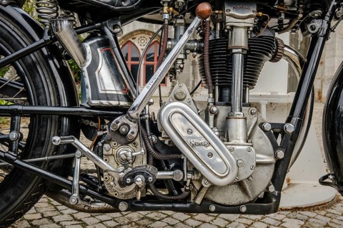 Lisbon, Portugal - Oct 15, 2023: Close-up of engine area of iconic Norton ES2 motorcycle by Norton