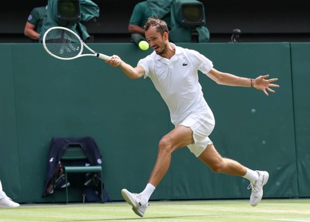 Russian tennis player Daniil Medvedev in action at the 2024 Wimbledon Championships, London,