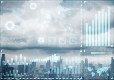 Forex trading business concept with abstract financial graphics on background of modern city