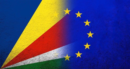 Flag of the European Union with Seychelles National flag. Grunge background