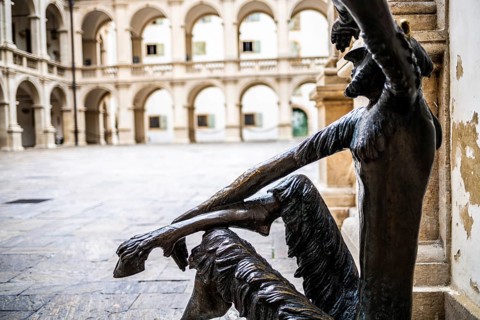 Sculpture Faun with a view, large country house courtyard, country house, Graz, Styria, Austria,