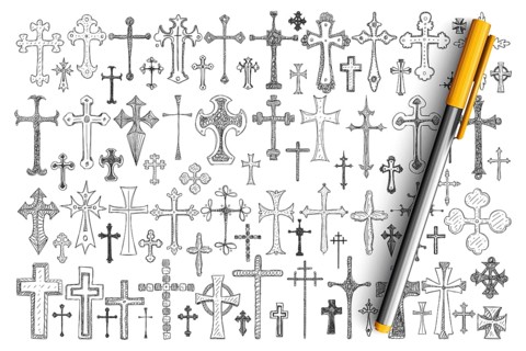 Various religious crosses doodle set. Collection of hand drawn crosses of different sizes and