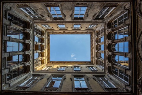 Old building in a historic city centre in Eastern Europe. Courtyards or backyards in typical