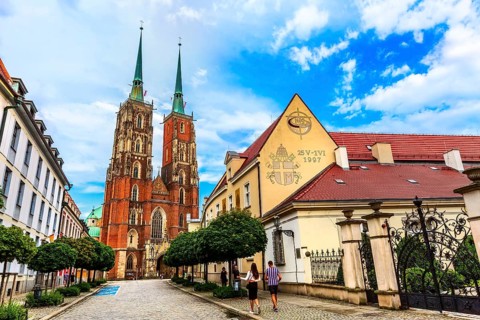 Wroclaw, Poland, June 21, 2019: Ostrow Tumski island and Cathedral of St John the Baptist towers,