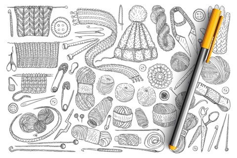 Elements for knitting doodle set. Collection of hand drawn wool, knitwear, needles, pins, measure