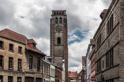 Tournai Doornik, Walloon Region Belgium, 08 14 2019: Facades of residential and commercial
