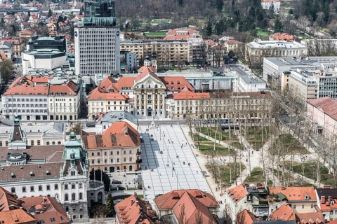 Ljubljana, Slovenia -04 07 2018: panoramic view over the main square from the castle