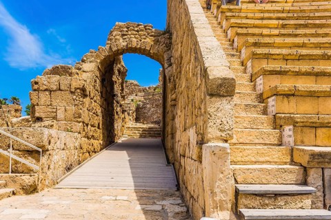 The fragment of protective walls. The oldest amphitheater in Israel. Ruins of the ancient city of