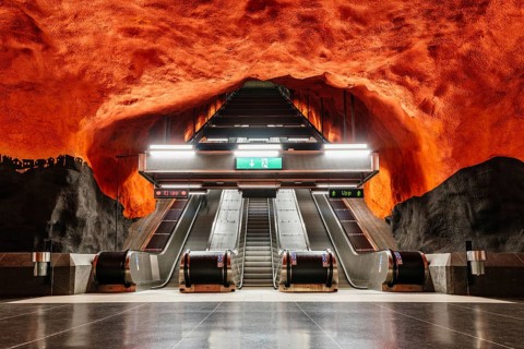 Stockholm, Sweden, August 9, 2019: Escalator of T-Centralen Stockholm underground metro station.