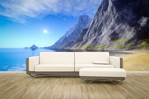 3D illustration of a sofa in front of a photo wall mural ocean