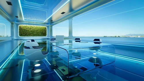 Modern futuristic interior office design with green wall plant. 3d rendering