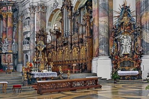 Choir stalls with side organ, Basilica of St Alexander and St Theodor, Ottobeuren Monastery,