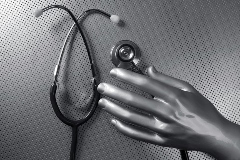 Health stethoscope futuristic silver gray hand concept metaphor