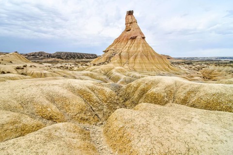 Spanish landscape view of european countryside in bardenas reales desert park spain