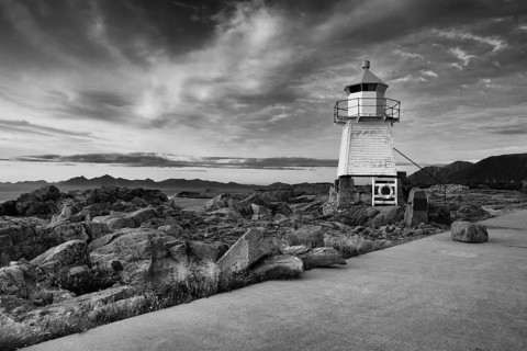 Old lighthouse in Laukvik at sunset, Lofoten, Nordland, Norway, Europe