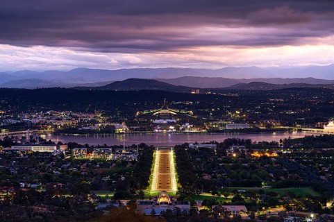 Canberra at night from Mount Ainslie Lookout and with the Anzac Parade in focus. Reupload with new