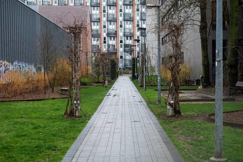 Leuven, Flemish Brabant Region, Belgium, April 1, 2023, Garden and inner court of a social housing