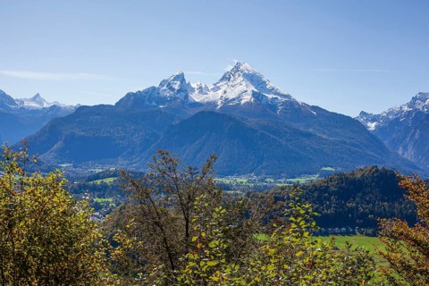 Berchtesgaden and Watzmann in autumn, view from the Marxenhöhe, Berchtesgarden Alps, Berchtesgaden,