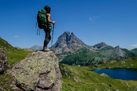 Trekker on Tour de l Ossau and Ayous lakes tour, Pyrenees National Park, Pyrenees Atlantiques,