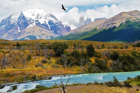 Scenic National Park in southern Chile. River and waterfall Cascades Paine
