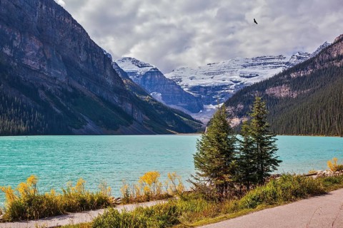 A great sunny day. Rocky Mountains, Canada, Banff National Park. Magnificent Lake Louise with