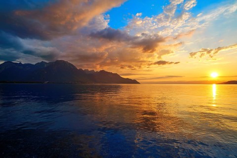 Leman Geneva lake sunset in Switzerland Swiss