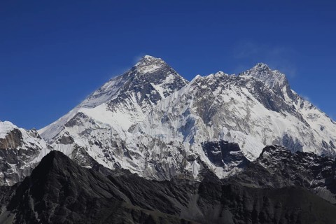 Majestic Mount Everest, also named Chomolungma and Nuptse seen from Renjo Pass, Nepal, Asia