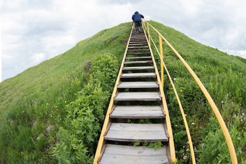 A man climbs up a hill on a ladder