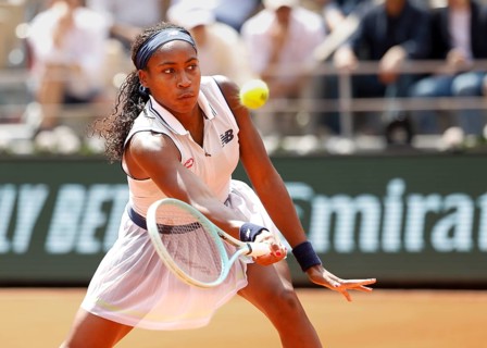 American tennis player Coco Gauff in action at the French Open 2024, Roland Garros, Paris, France.