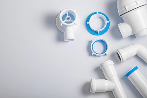 Plastic Sewer Pipes And Accessories On White Background