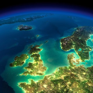 Highly detailed Earth, illuminated by moonlight. The glow of cities sheds light on the detailed