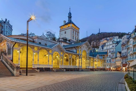 Market Colonnade and castle tower in the historical center of Karlovy Vary, Czech republic