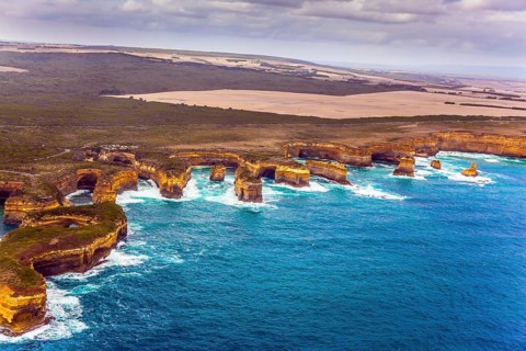 Scenic coastline. Picture taken from a helicopter. Port Campbell Park, Australia. Great Ocean Road