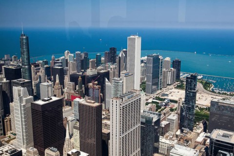 Chicago skyline panorama aerial view with skyscrapers over Michigan Lake