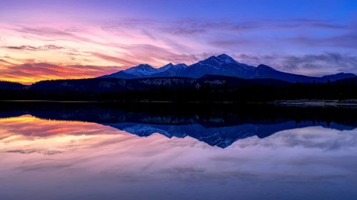 Beautiful autumn landscape scene in mountain in background in Jasper National Park west Canada