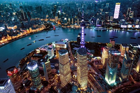 Pearl Tower, Bund, Waitan, Huangpu River, seen from Shanghai Tower, sunset, Shanghai, People's
