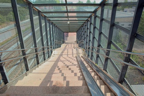 Stone stairs to railway platform on a summer day, Pitäjänmäki, Helsinki, Finland, Europe