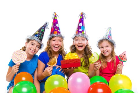 Happy kid girls birthday party balloons sweet candy and gift box on white background