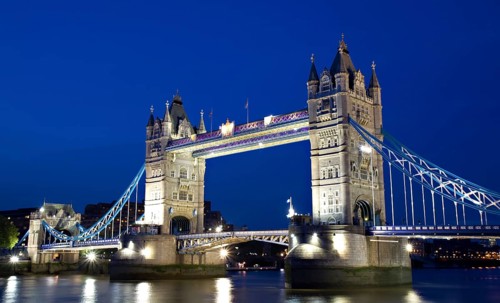 Tower Bridge illuminated during the blue hour, London, England London, England