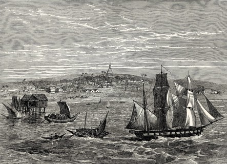 Historical view of Yangon also known as Rangoon, Myanmar, early 19th century, From British Battles