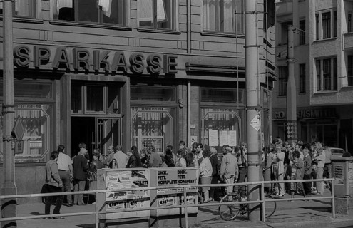 GDR, Berlin, 25 May 1990, queuing for applications for monetary union, savings bank in