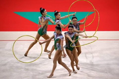 Sofia, Bulgaria - 16 September, 2022: Members of team Korea in action with 5 hoops during the 39th