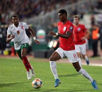 Sofia, Bulgaria - 14 October 2019: Marcus Rashford (R) is seen in action against Bulgarian football