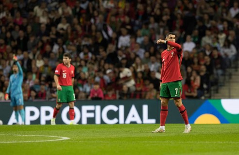 Football match, Cristiano RONALDO CR7 Portugal right with right arm up left and looking right,