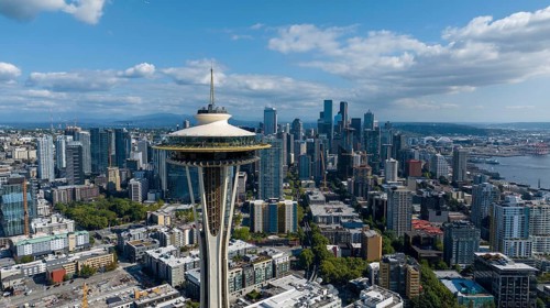 Aerial View of the Seattle Space Needle in the Lower Queen Anne neighborhood